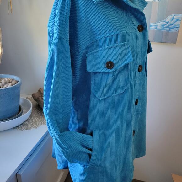 Zenana Blue Corduroy Button-Up Jacket Size L – Soft Ribbed Texture, Side Pockets - Picture 2 of 10